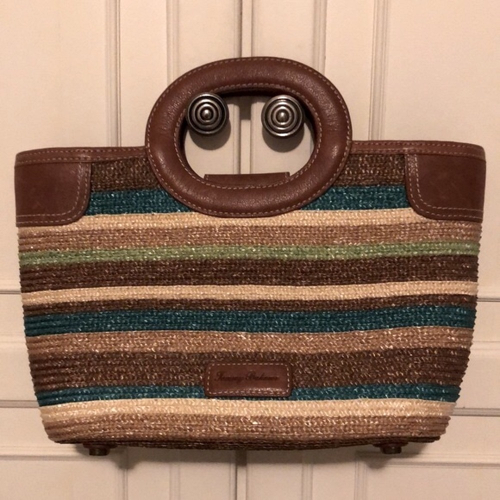 Tommy Bahama Striped Straw & Leather Hand Bag
